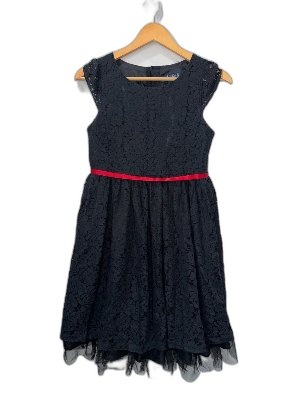 Girls CHAPS Dress Black Lace with Red Waist Ribbon Size 16 !